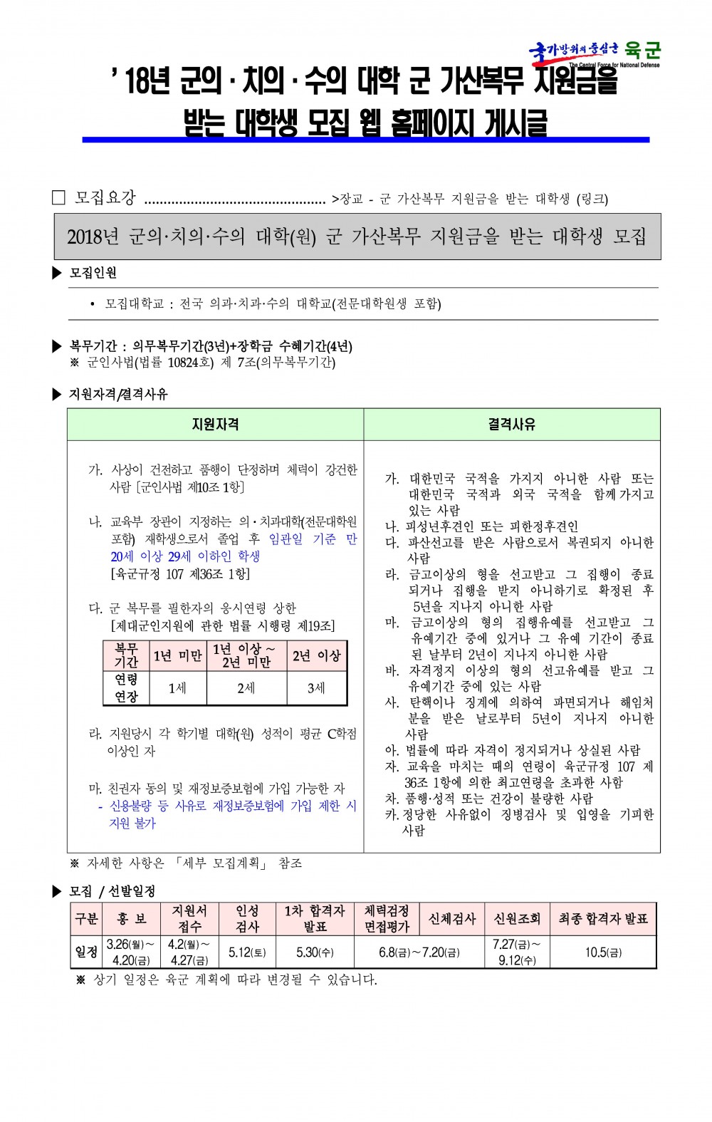 18년 군의치의수의 군 가산복무 지원금을 받는 대학(원)생 모집_페이지_1